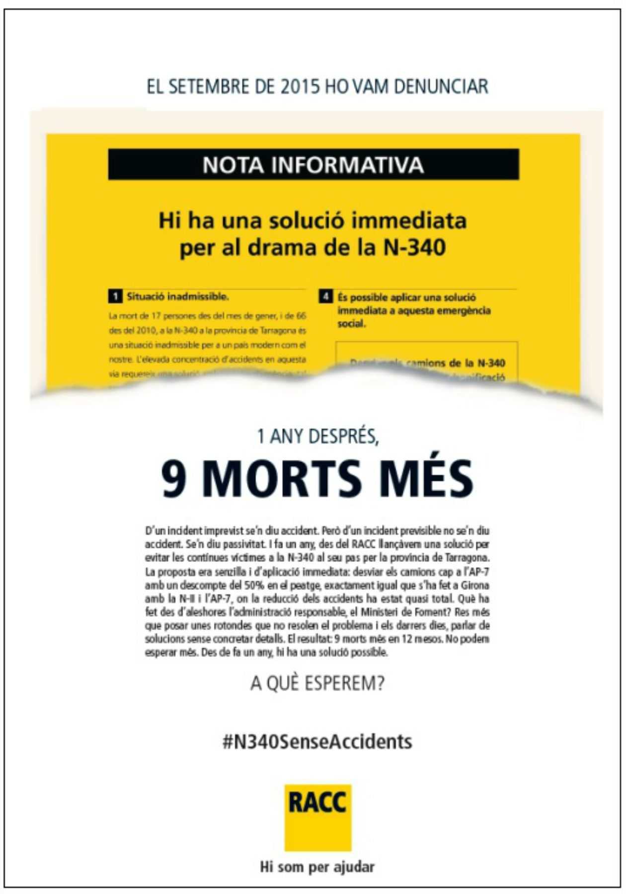 El RACC atribuye al Estado los muertos de la N-340