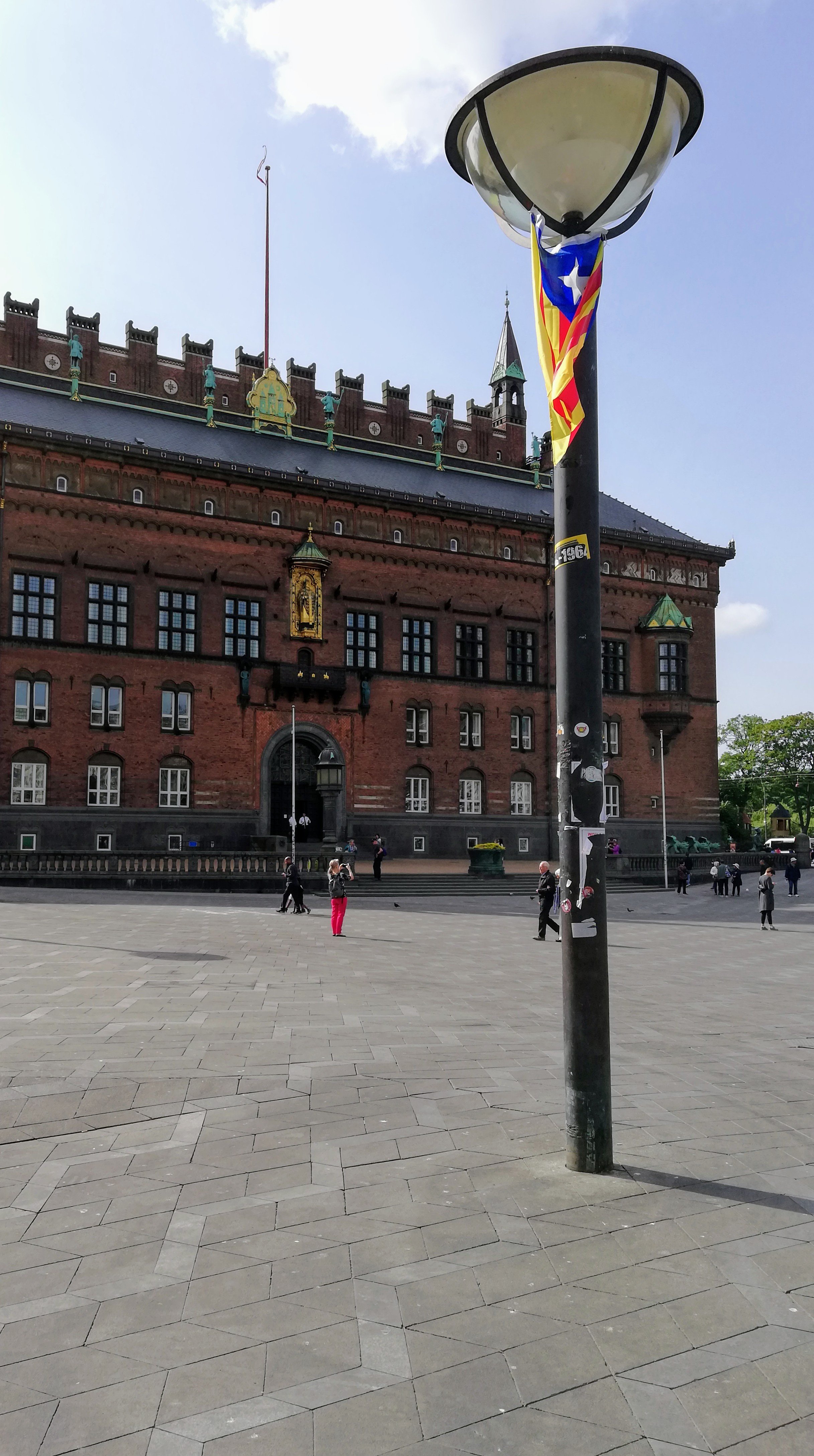 Una estelada delante del Ayuntamiento de Copenhague