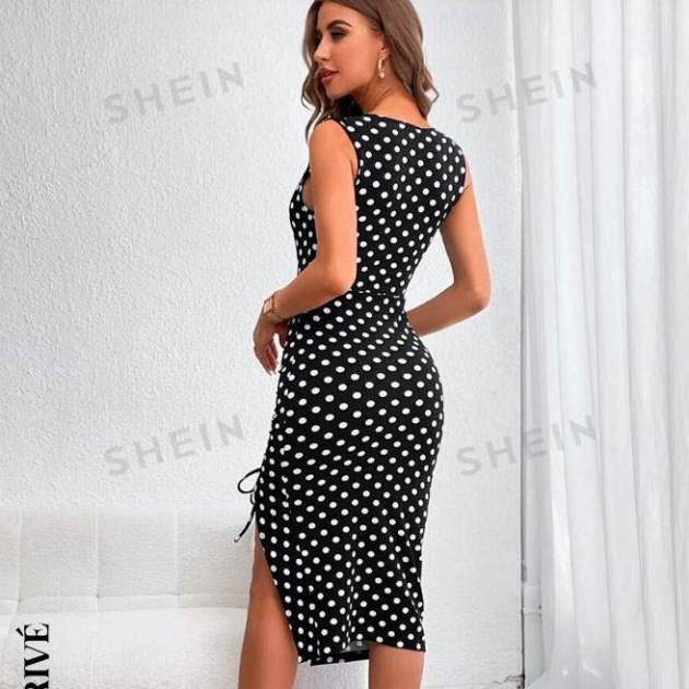 Vestido con estampado de lunares con cordón de muslo con abertura Privé Vestido con estampado de lunares con cordón de muslo con abertura Privé