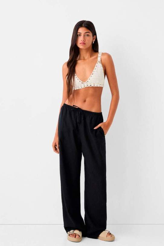 Pantalón straight con lino cintura goma1 Pantalón straight con lino cintura goma1