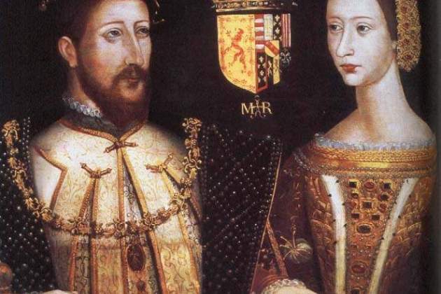 Jaime V de Escocia y Maria de Guisa, abuelos de Jaime VI. En el cuartel|barrio|cuarto superior derecho de las armas de Maria aparecen las cuatro barras. Fuente Falkland Palace. Escócia Jaime V de Escocia y Maria de Guisa, abuelos de Jaime VI. En el cuartel|barrio|cuarto superior derecho de las armas de Maria aparecen las cuatro barras. Fuente Falkland Palace. Escócia