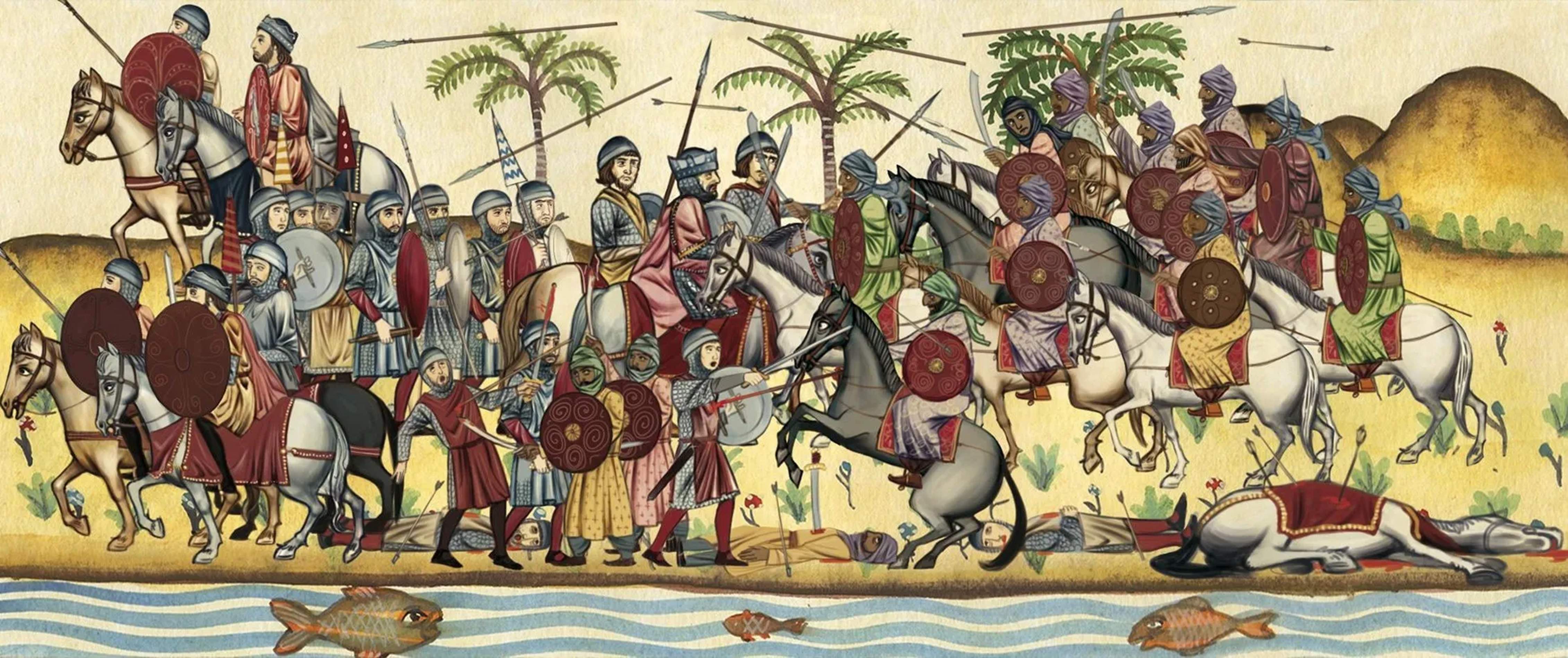 Representació de la batalla del riu Guadalete. Font Pinterest Representació de la batalla del riu Guadalete. Font Pinterest