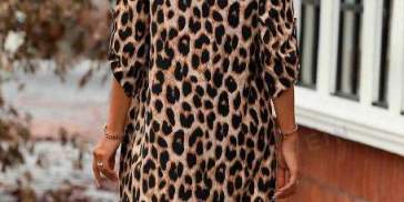 Vestido camisero con estampado de leopardo de manga enrollada con botón LUNE Vestido camisero con estampado de leopardo de manga enrollada con botón LUNE