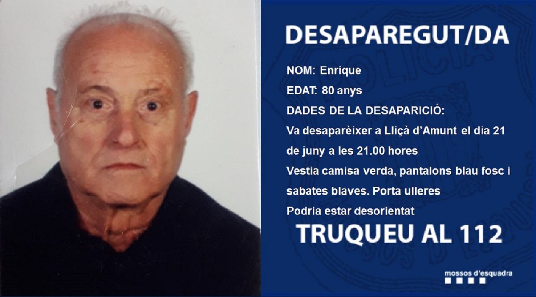 Encuentran sano y salvo al hombre de 80 años desaparecido en Lliçà d'Amunt