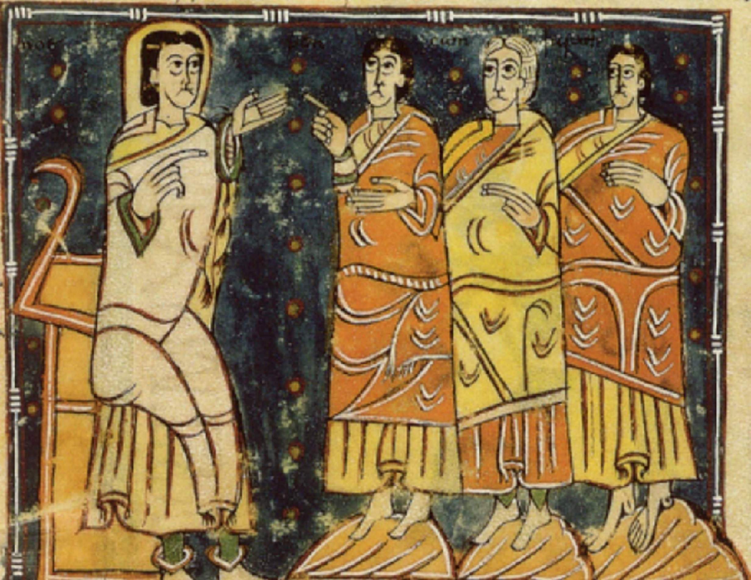 Representació de Noé i els seus filla, inspirada en una família oligàrquica visigótica. Font Crónica Albeldense. Reial Acadèmia d'Història Representació de Noé i els seus filla, inspirada en una família oligàrquica visigótica. Font Crónica Albeldense. Reial Acadèmia d'Història