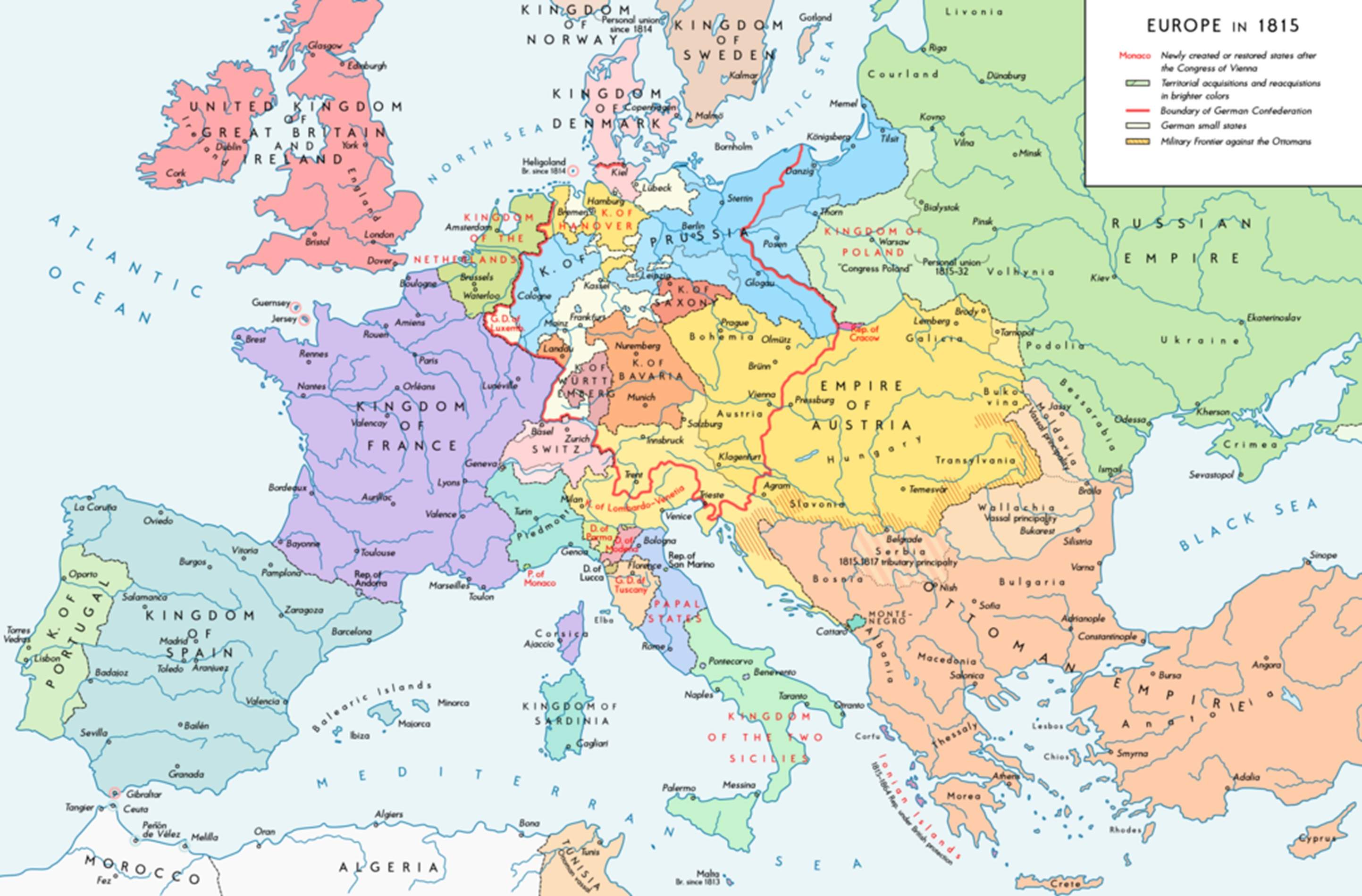 Mapa de les noves fronteres dibuixades al Congrés de Viena (1815). Font Historical Atlas Mapa de les noves fronteres dibuixades al Congrés de Viena (1815). Font Historical Atlas
