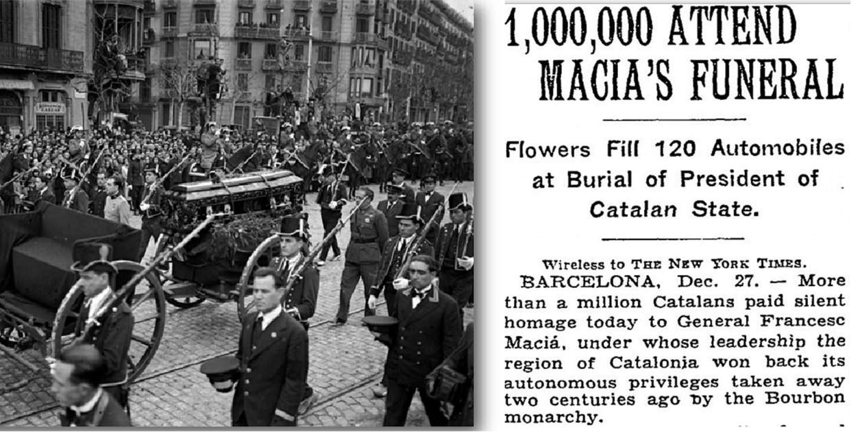 Siguici fúnebre President Macià i nota de premsa The New York Tomes. Font Arxiu Nacional de Catalunya i The New York Times Siguici fúnebre President Macià i nota de premsa The New York Tomes. Font Arxiu Nacional de Catalunya i The New York Times