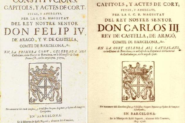 Caràtules de les Constitucions de Catalunyes aprovades a les Corts de 1702 (Felip V) i a les Corts de 1706 (Carles d'Habsburg). Font Wikimedia Commons