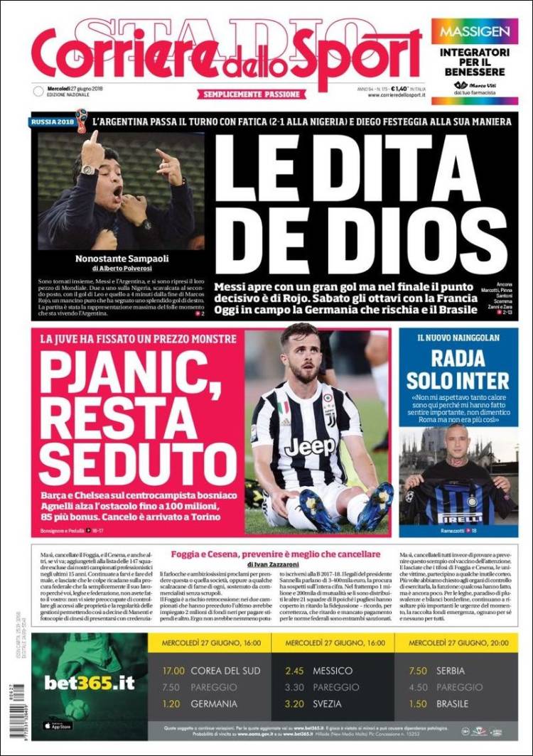 Corriere dello Sport Portada 27 06 2018