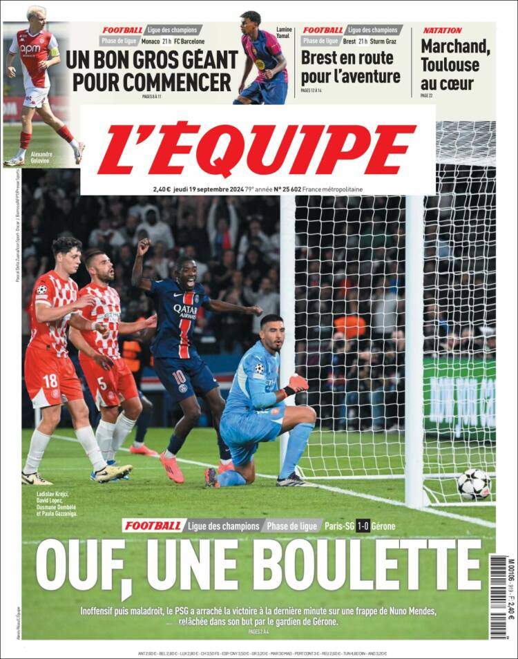 L'Équipe Portada 19 09 2024 L'Équipe Portada 19 09 2024