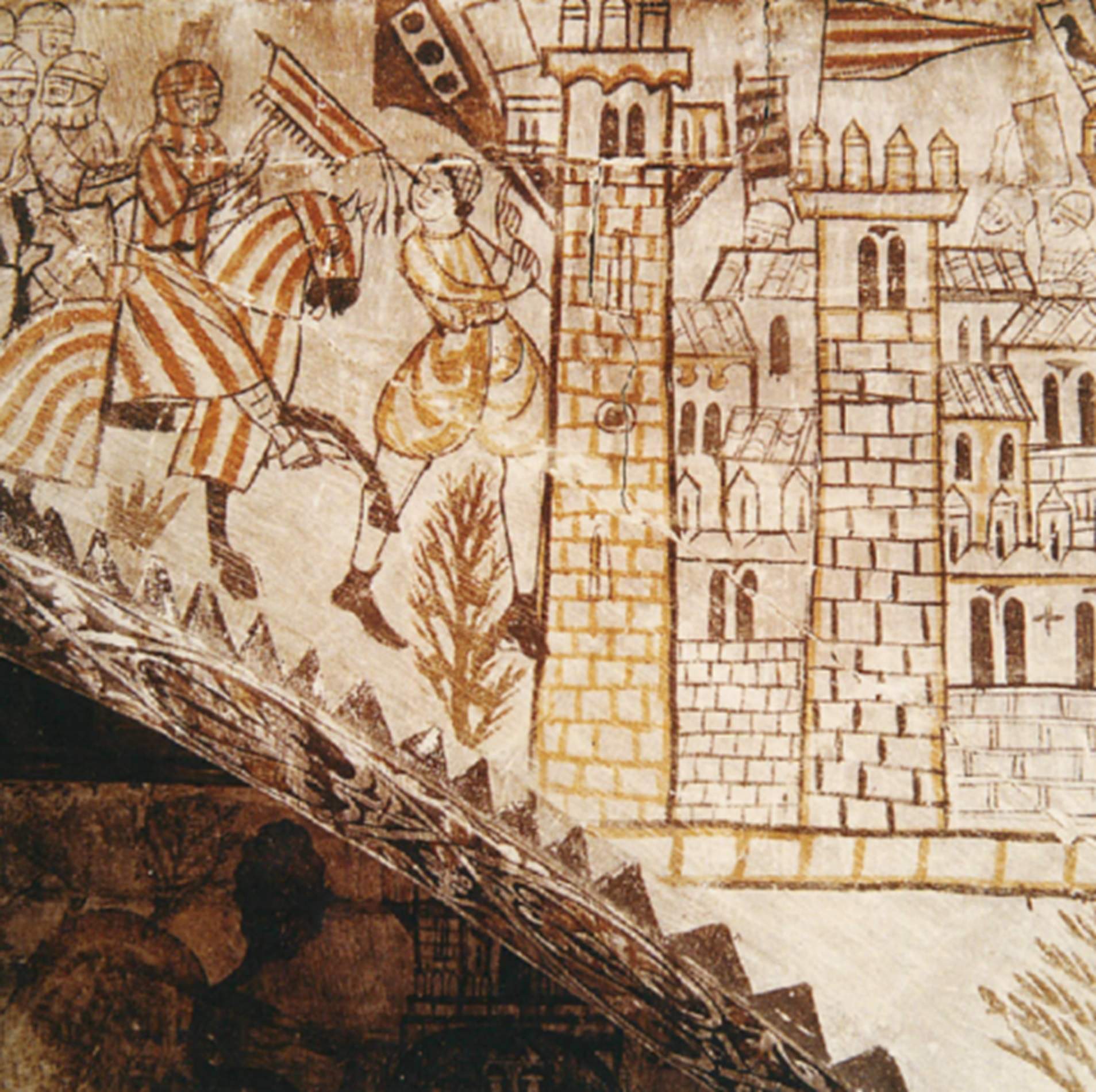 Pintura mural que ilustra la conquista catalana de Valencia y la llegada de apellidos navarros (siglo XIII). Fuente Castillo de Alcanyis Pintura mural que ilustra la conquista catalana de Valencia y la llegada de apellidos navarros (siglo XIII). Fuente Castillo de Alcanyis
