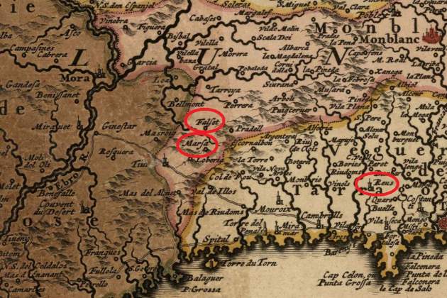 Fragmento de una mapa de Catalunya (1677). Fuente Cartoteca de Catalunya Fragmento de una mapa de Catalunya (1677). Fuente Cartoteca de Catalunya