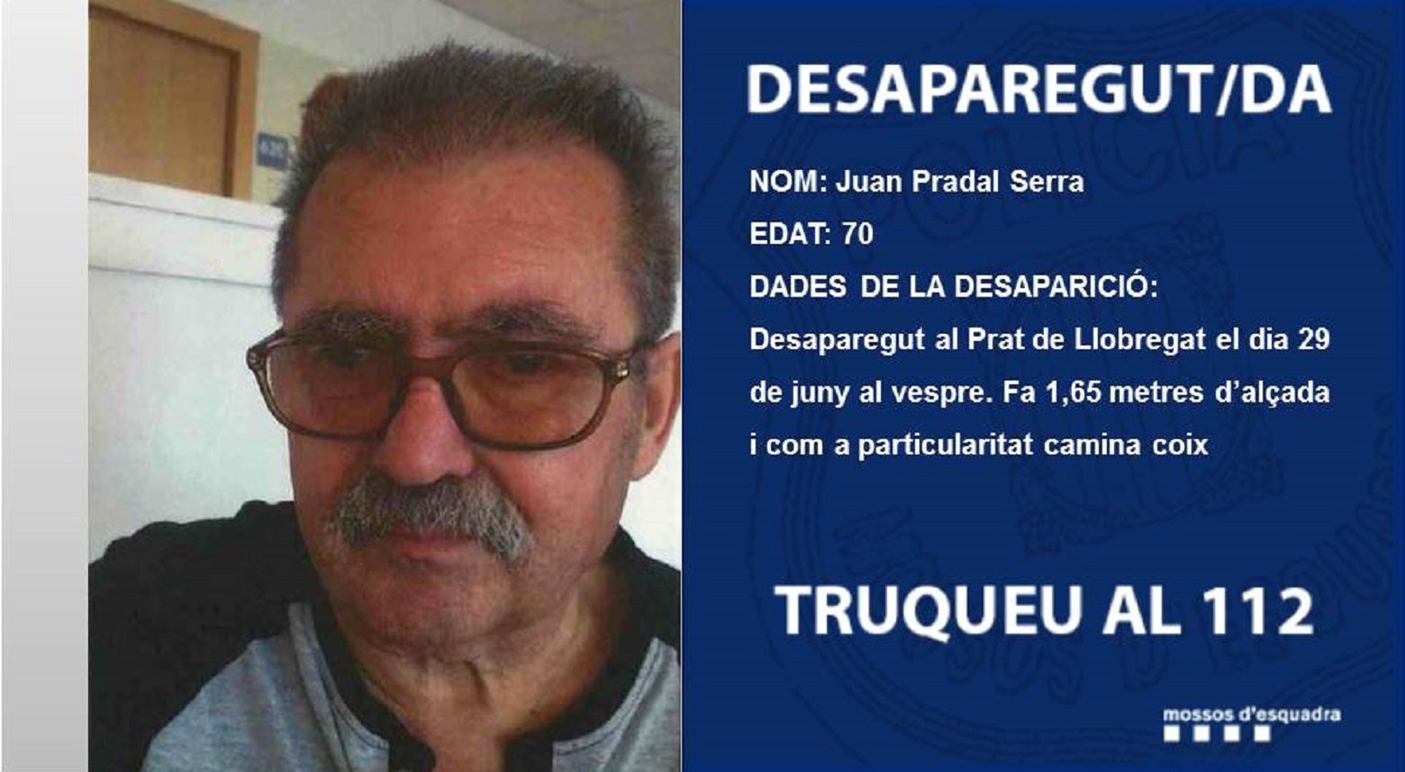 Buscan a un hombre de 70 años desaparecido hace dos días en el Prat de Llobregat