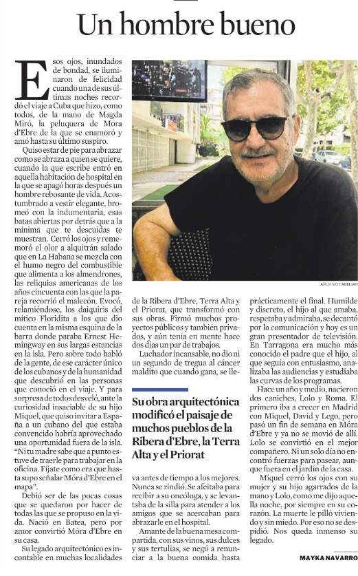 Necrológica de Miquel Valls padre, Mayka Navarro Necrológica de Miquel Valls padre, Mayka Navarro