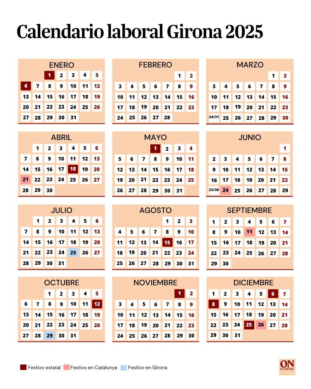 Calendario laboral de Girona 2025 todos los puentes y festivos