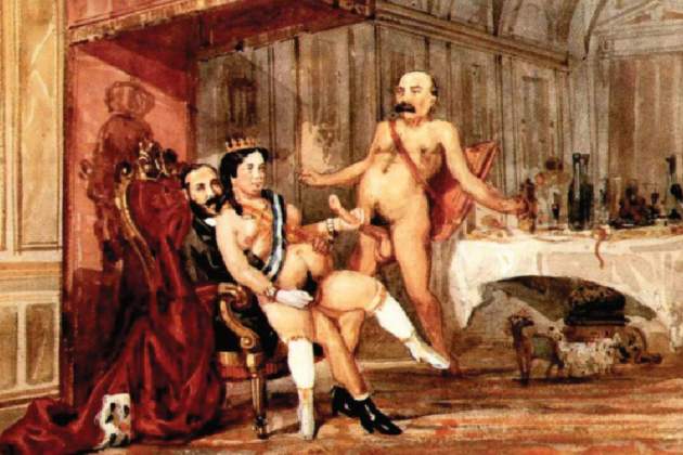 Il·lustració titulada Sentada en su poltrona con cetro, chulo y corona. Font Los Borbones en Pelotas. Revista satírica dels germans Becquer Il·lustració titulada Sentada en su poltrona con cetro, chulo y corona. Font Los Borbones en Pelotas. Revista satírica dels germans Becquer