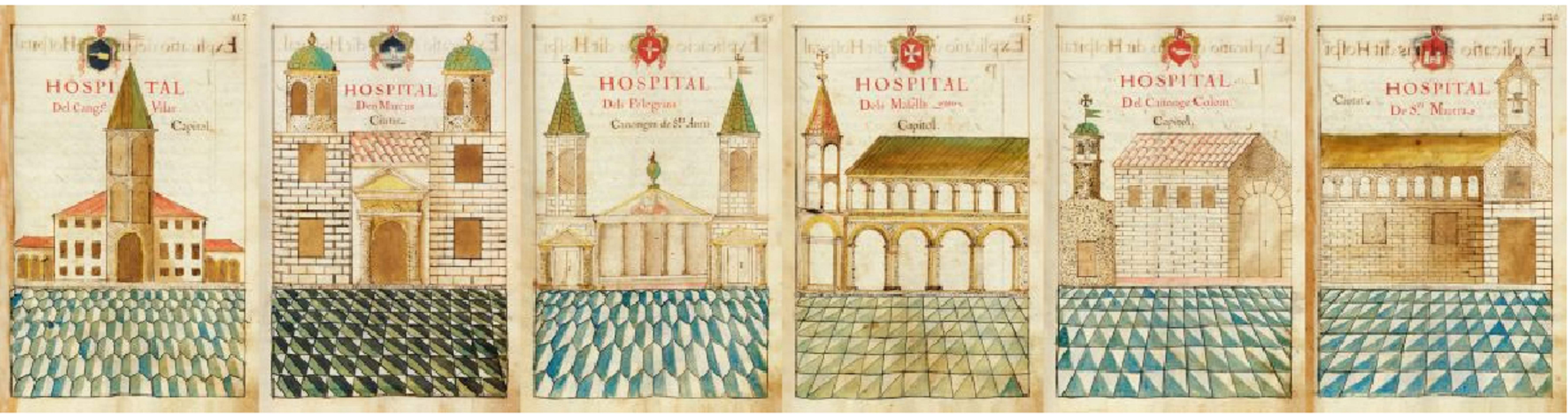 Representació dels sis hospitals que es van reunir per a crear l'Hospital de la Santa Creu. Font Arxiu Hospital de la Santa Creu Representació dels sis hospitals que es van reunir per a crear l'Hospital de la Santa Creu. Font Arxiu Hospital de la Santa Creu