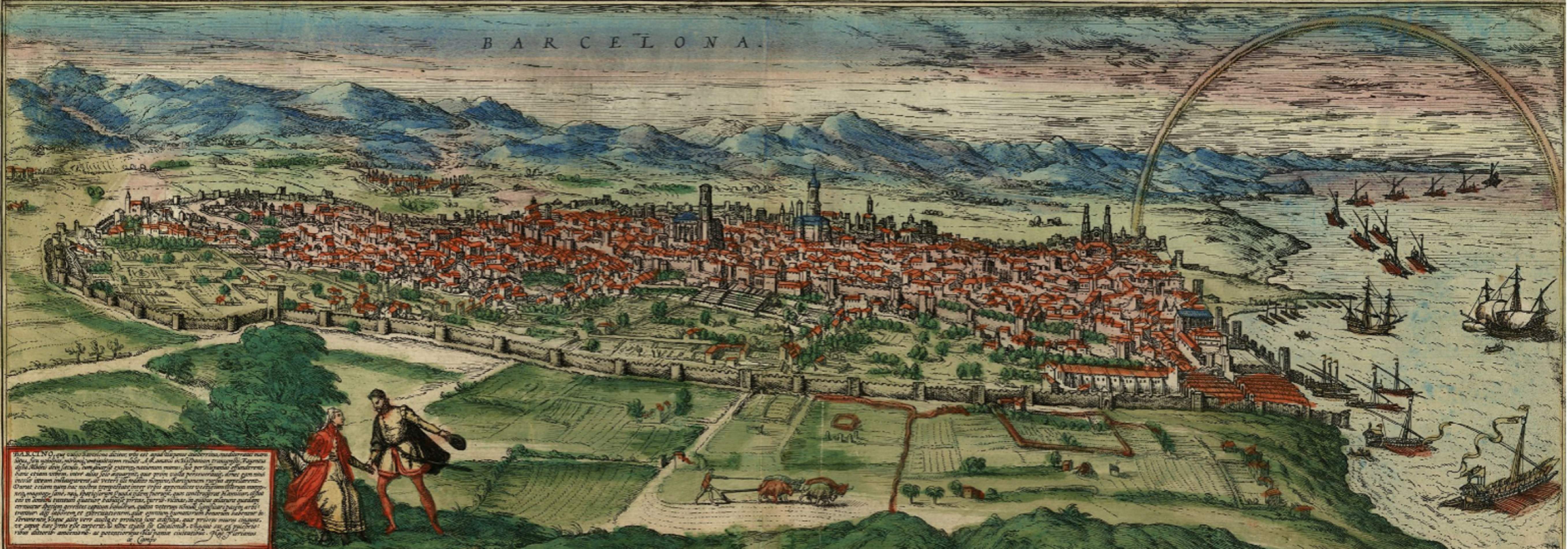 Barcelona (segle XVI). En primer terme, a intramurs, el Raval on es va edificar l'Hospital de la Santa Creu. Font Cartoteca de Catalunya Barcelona (segle XVI). En primer terme, a intramurs, el Raval on es va edificar l'Hospital de la Santa Creu. Font Cartoteca de Catalunya