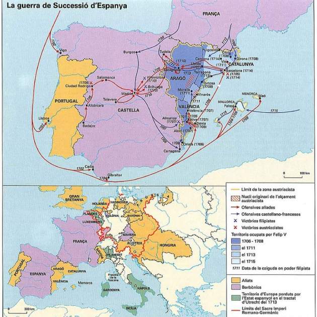 Mapes de l'evolució de la Guerra de Successió hispànica (a la península ibèrica i al continent europeu). Font Wikimedia Commons Mapes de l'evolució de la Guerra de Successió hispànica (a la península ibèrica i al continent europeu). Font Wikimedia Commons