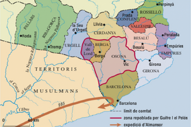 El general andalusí Al Mansur saquea y destruye Barcelona. Mapa de los condados catalanes a finales de la centuria del 900. Fuente Enciclopedia