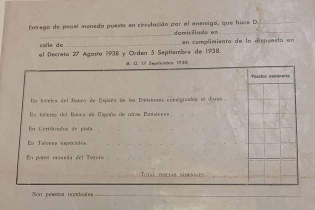 Formulari per confiscar els diners dels republicans en la Gueera Civil Formulari per confiscar els diners dels republicans en la Gueera Civil