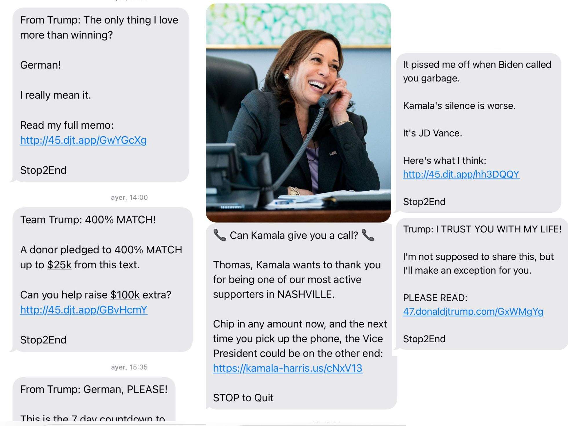 "Eres fantástico": los SMS de Trump  y Harris para convencer a los votantes...y pedirles dinero