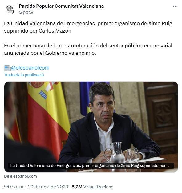 Unitat Valenciana Emergencies, suprimida Carlos Mazon / Tuit PP Unitat Valenciana Emergencies, suprimida Carlos Mazon / Tuit PP
