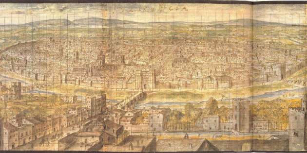 Valencia (1563). En primer término, el Túria y los puentes que comunicaban los arrabales con la ciudad. Grabado de Wyngaerde. Fuente Wikimedia Commons Valencia (1563). En primer término, el Túria y los puentes que comunicaban los arrabales con la ciudad. Grabado de Wyngaerde. Fuente Wikimedia Commons
