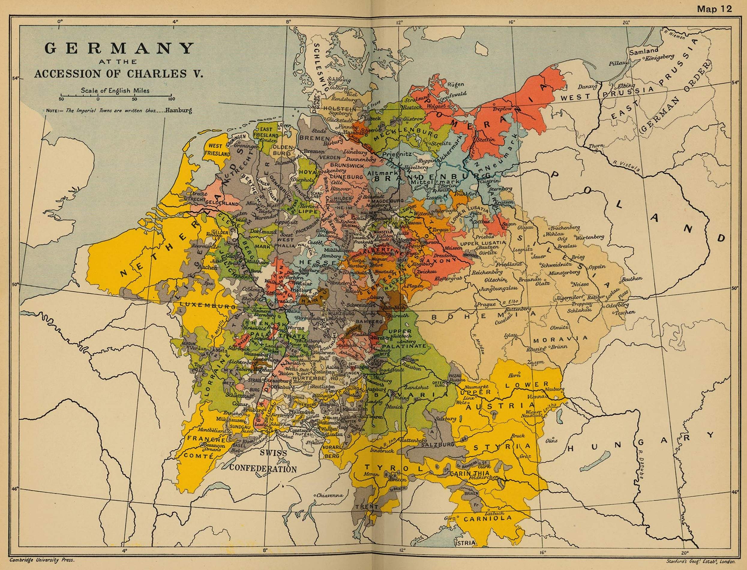 Mapa del Sacre Imperi. De color groc els dominis directes dels Habsburg Borgonya. Font The Cambridge Modern History Atlas Mapa del Sacre Imperi. De color groc els dominis directes dels Habsburg Borgonya. Font The Cambridge Modern History Atlas