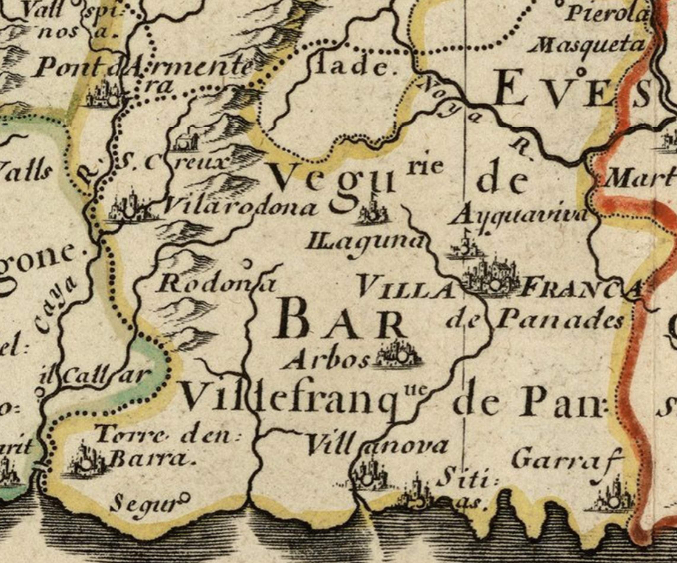 Fragmento Mapa de Catalunya (1679). Veguería de Vilafranca del Penedès. Fuente Instituto Cartografic de Catalunya Fragmento Mapa de Catalunya (1679). Veguería de Vilafranca del Penedès. Fuente Instituto Cartografic de Catalunya