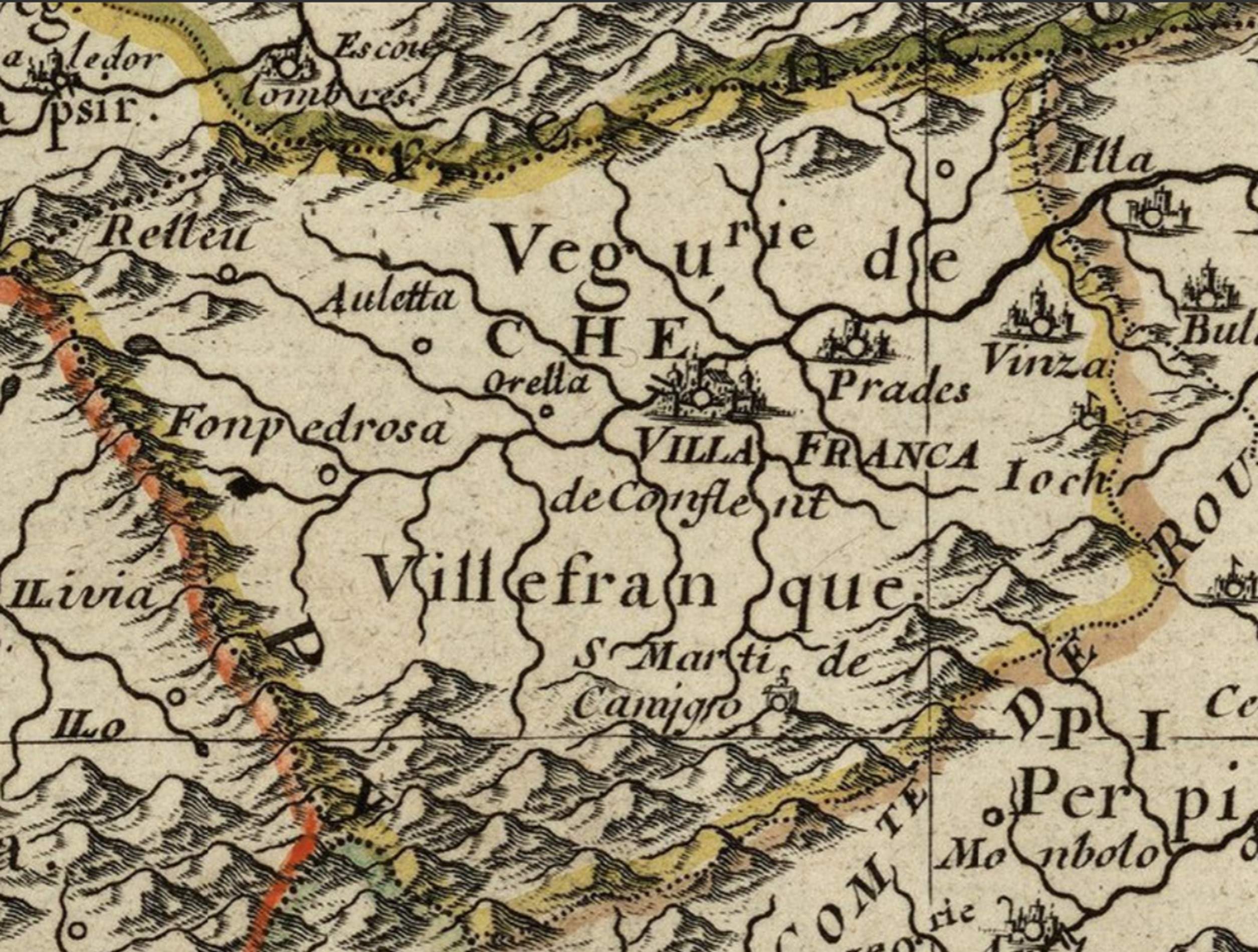 Fragmento Mapa de Catalunya (1679). Veguería de Vilafranca del Conflent. Fuente Instituto Cartografic de Catalunya Fragmento Mapa de Catalunya (1679). Veguería de Vilafranca del Conflent. Fuente Instituto Cartografic de Catalunya