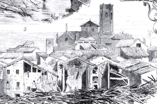 Representación de la destrucción por|para la inundación de 1874 en Tàrrega. Raval de Sant Agustí. Fuente Blog Cuál la hacemos