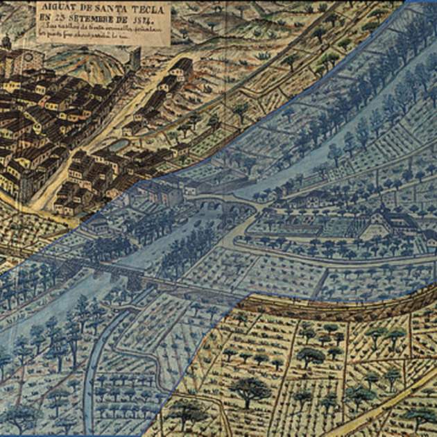 Representación del alcance de la inundación de 1874 en Montblanc. En|A el centro de la imagen, el Puente Viejo. Fuente Blog Eduard Contijoch