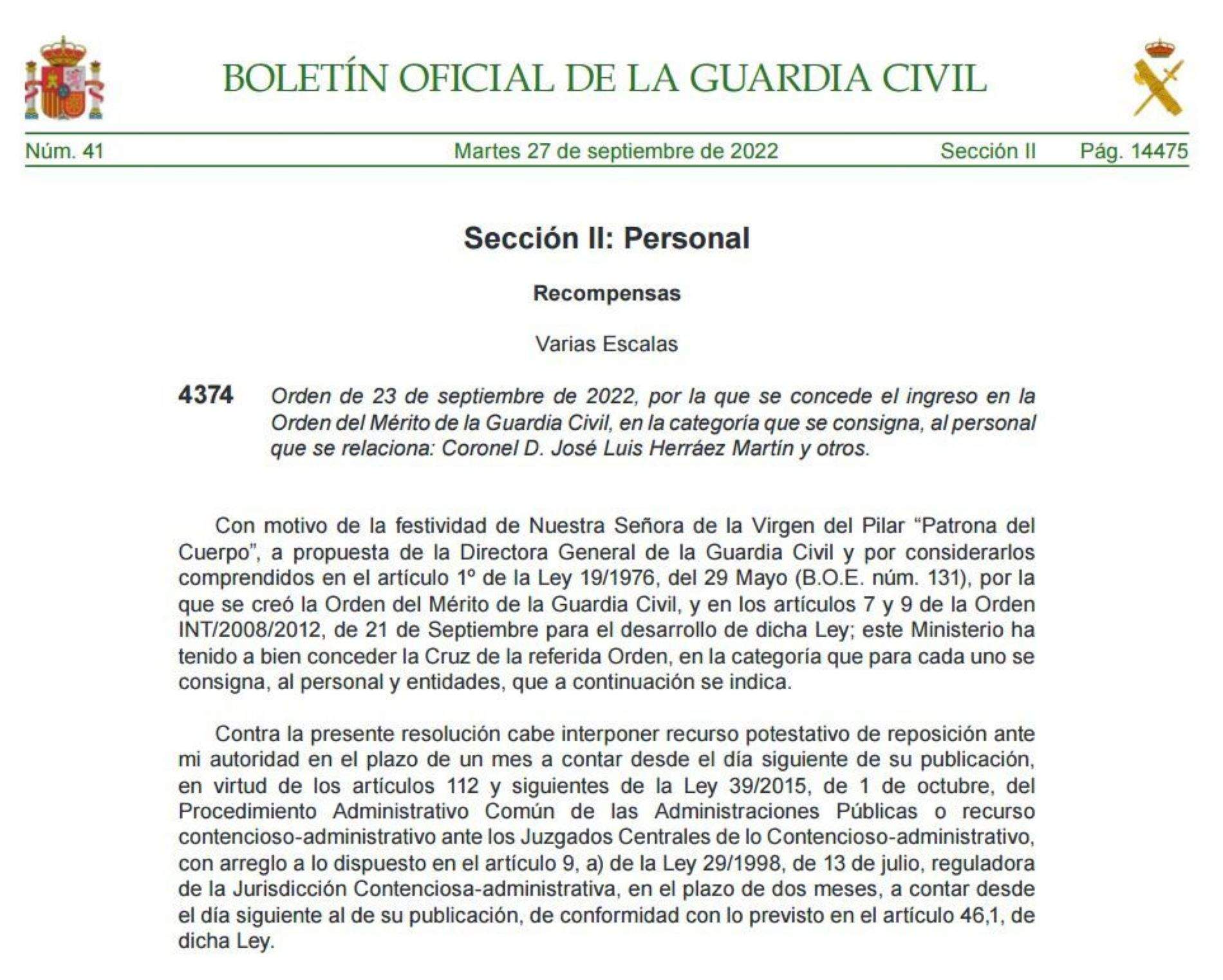 Medalla Victor Aldama, Butlleti Oficial Guardia Civil 27 setembre 2022 / AUGC Medalla Victor Aldama, Butlleti Oficial Guardia Civil 27 setembre 2022 / AUGC