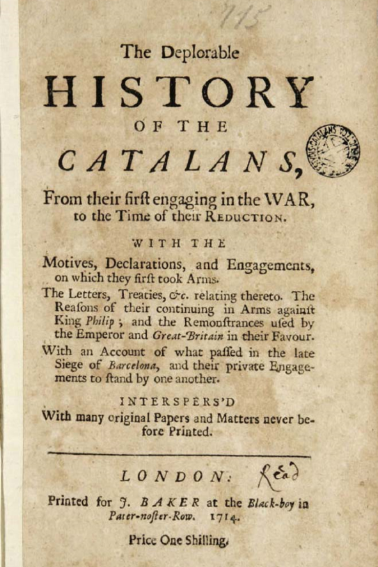 Anglaterra renúncia a fer efectiu el Tractat de Génova signat amb Catalunya. Portada de La Deplorable Història dels Catalans. Londres (1714). Font Institut d'Estudis Catalans