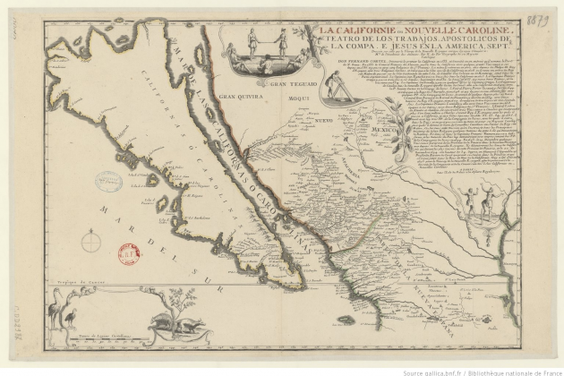 Gaspar de Portolà inicia la primera exploració de Califòrnia. Mapa de California (que es pensava que era una illa). 1720. Font Bibliotheque National de France