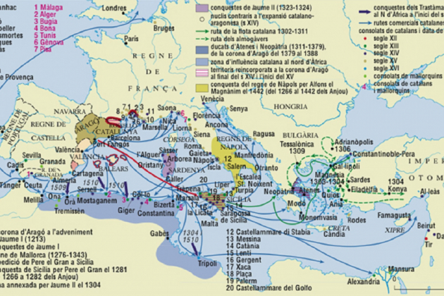 Mapa de l'expansió catalana a la Mediterrąnia. Font Enciclopčdia