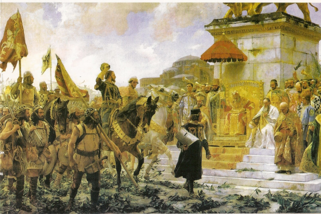 Pintura contemporània que representa l'entrada de Roger de Flor i els Almogàvers a Constantinoble (1888). Font Wikimedia