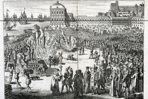 Se deroga el Tribunal de la Santa Inquisició. Grabado coetáneo de unas ejecuciones. Fuente Biblioteca Nacional de Portugal