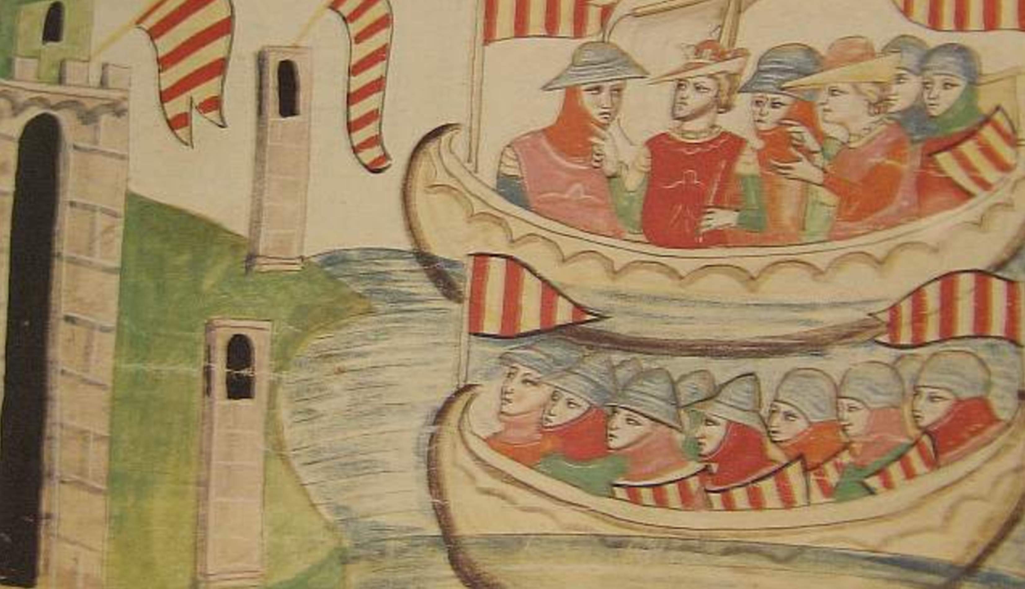 Representación del desembarque almogaver en Sicilia (siglo XIII). Fuente Biblioteca Vaticana Representación del desembarque almogaver en Sicilia (siglo XIII). Fuente Biblioteca Vaticana