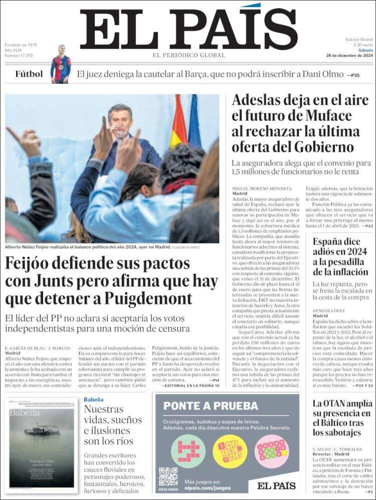Portada El Pais 28 desembre Portada El Pais 28 desembre