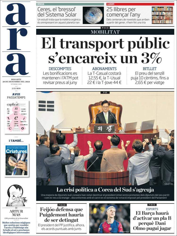 Portada Ara 28 desembre Portada Ara 28 desembre