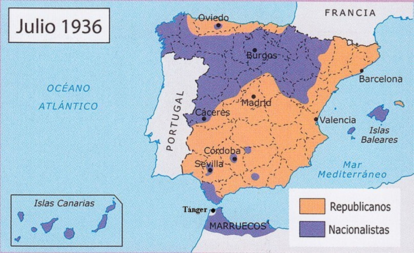 El Gobierno de la República afirma tener controlado el golpe de estado militar. Mapa de la rebelió de 1936. Fuente Universidad de Valencia