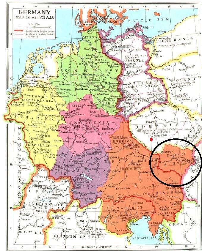 Mapa del Sacro Imperi Romanogermànic hacia el año 1000. Encerclada la Marca de Austria. Fuente Universidad de Furdham Mapa del Sacro Imperi Romanogermànic hacia el año 1000. Encerclada la Marca de Austria. Fuente Universidad de Furdham