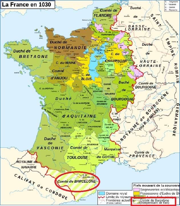 Mapa del reino de Francia cabe en el año 1000, con el condado de Barcelona independiente de facte. Fuente Atlas Historique de France Mapa del reino de Francia cabe en el año 1000, con el condado de Barcelona independiente de facte. Fuente Atlas Historique de France