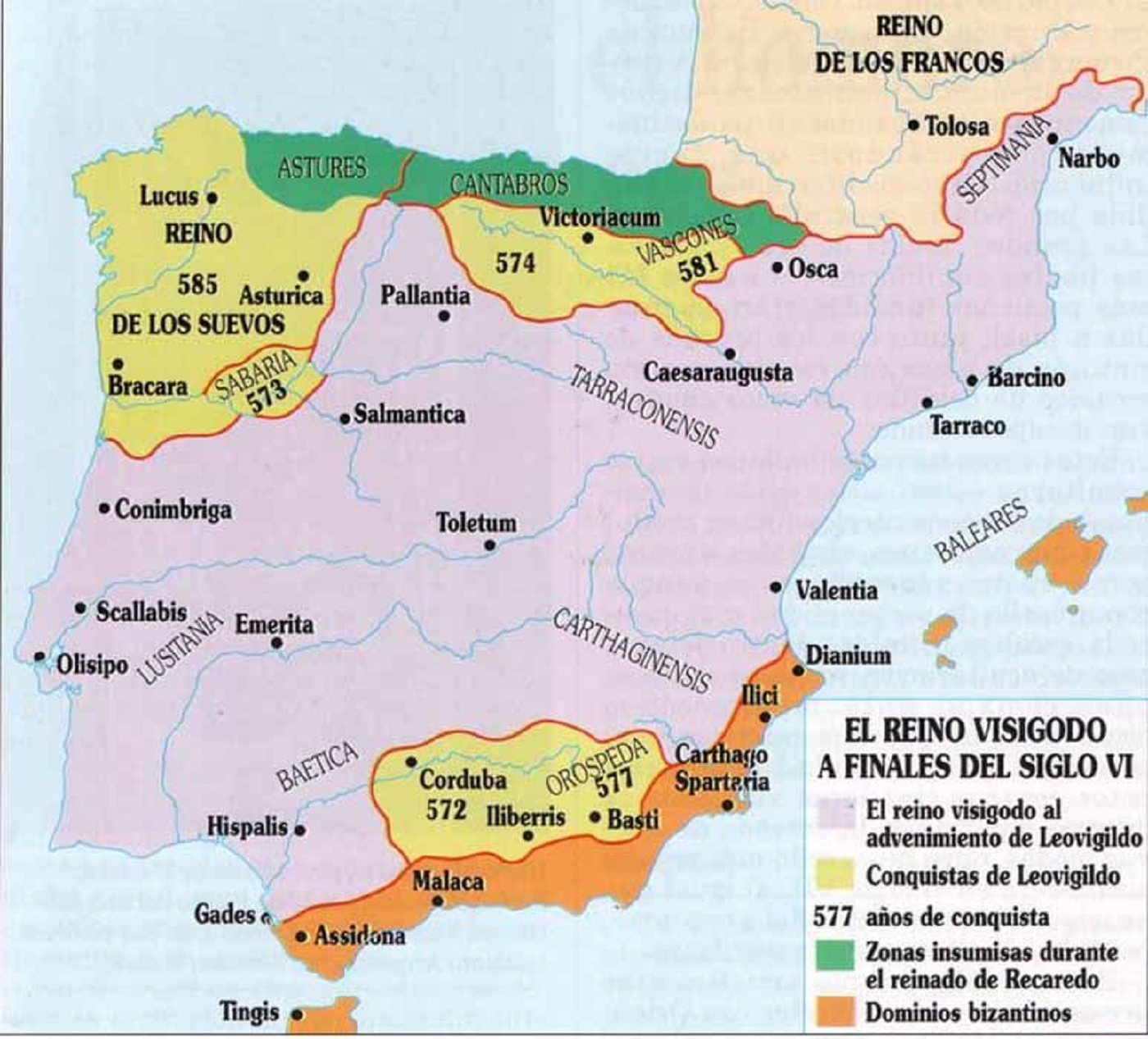 Batalla de Guadalete, inicio de la conquista ŕrab de la Península. Mapa de la península ibčrica, prevía a la Batalla de Guadalete. Fuente Wikimedia Commons