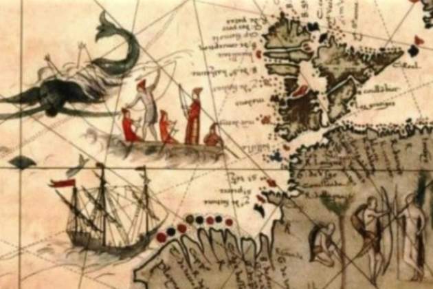 Mapa de la costa oest de Terranova. El detall ens mostra un galiot balener, una txalupa i un grup de pescadors bascos (1544). Font Euskal Irratia Telebista (1) Mapa de la costa oest de Terranova. El detall ens mostra un galiot balener, una txalupa i un grup de pescadors bascos (1544). Font Euskal Irratia Telebista (1)