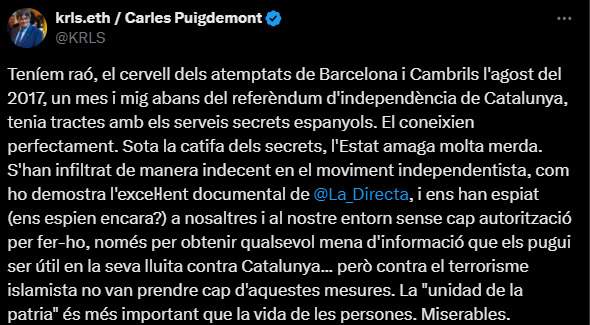 Piulada de Carles Puigdemont sobre les revelacions de l'imam de Ripoll Piulada de Carles Puigdemont sobre les revelacions de l'imam de Ripoll