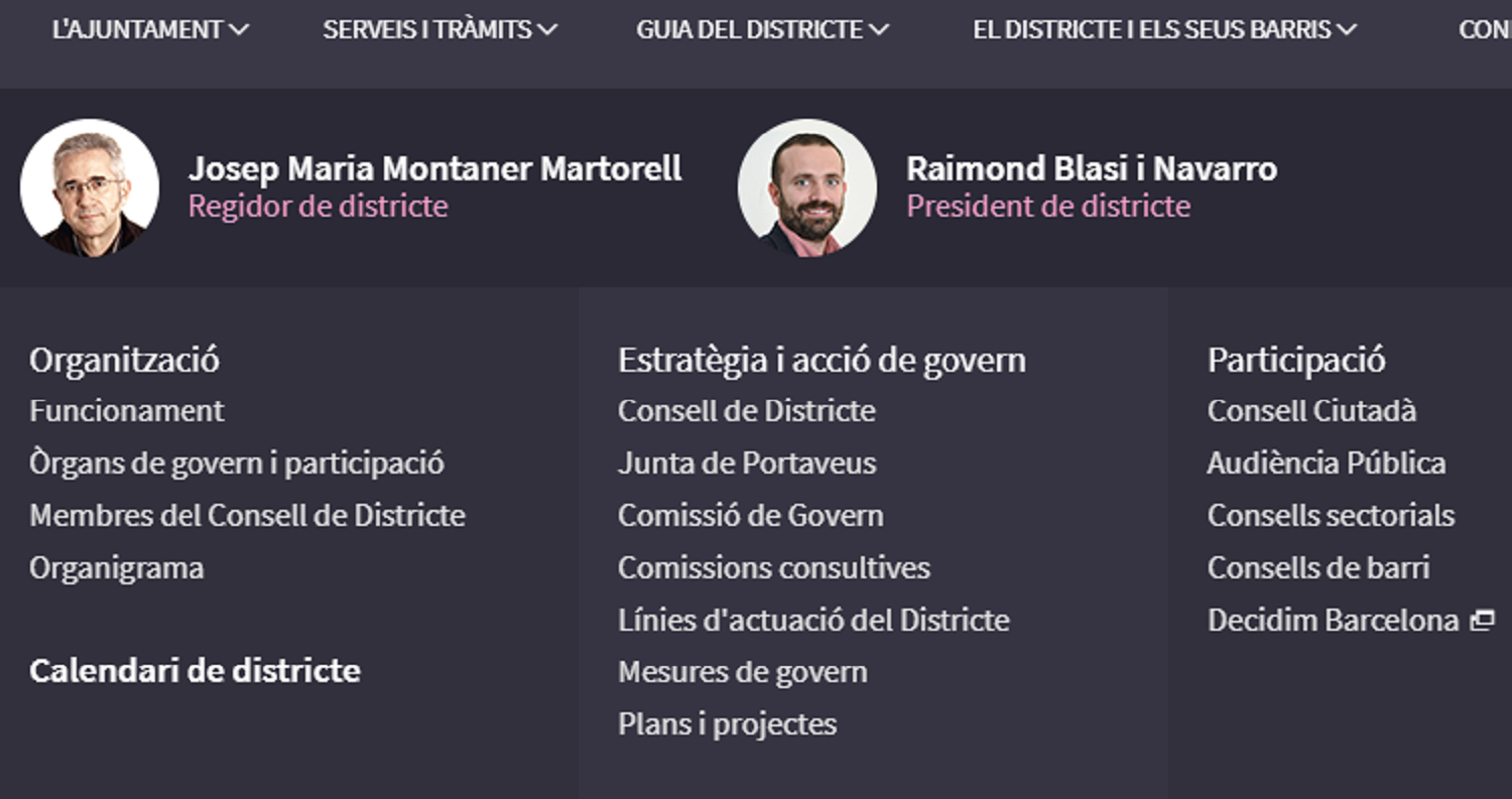 web nueva desplegable distrito ayuntamiento de Barcelona