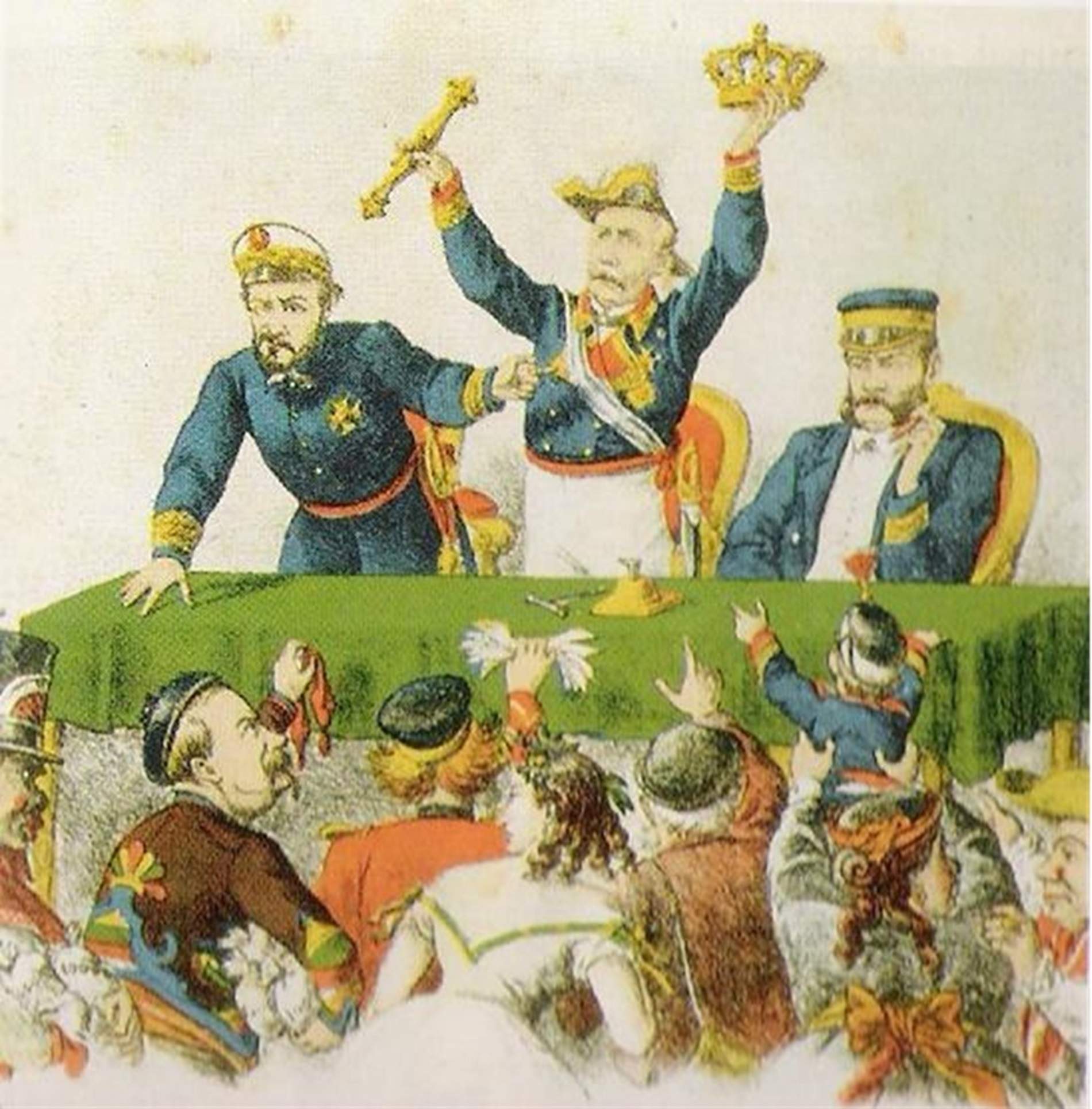Caricatura de Prim, Serrano y Topete después de la Revolución Gloriosa, subastant la corona española. Fuente Revista La Flaca Caricatura de Prim, Serrano y Topete después de la Revolución Gloriosa, subastant la corona española. Fuente Revista La Flaca
